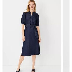 Petite Chambray Puff Sleeve Belted Shirtdess